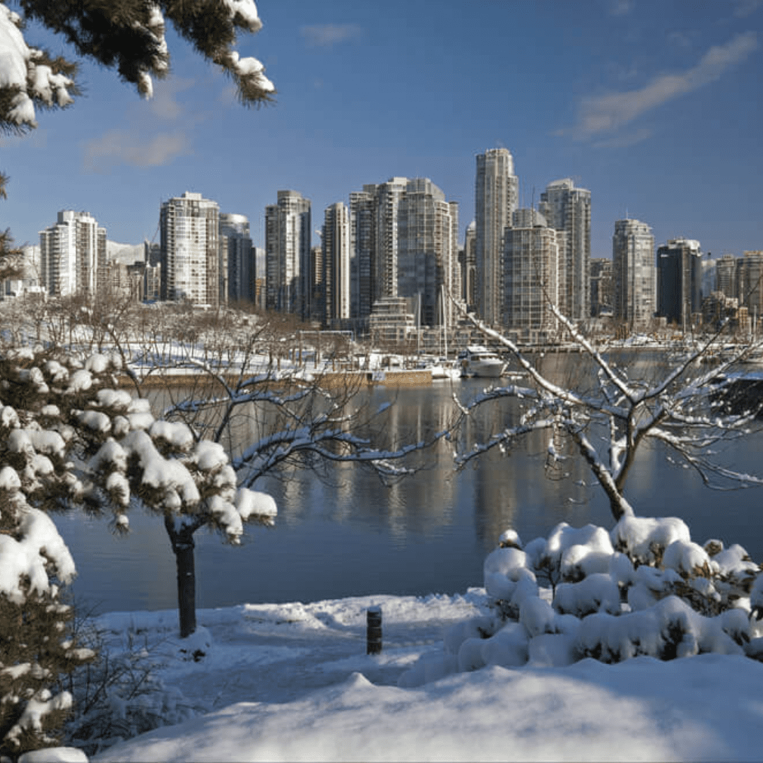 Winter view of Vancouver skyline with snow-covered trees and buildings reflecting in the water under a clear blue sky.