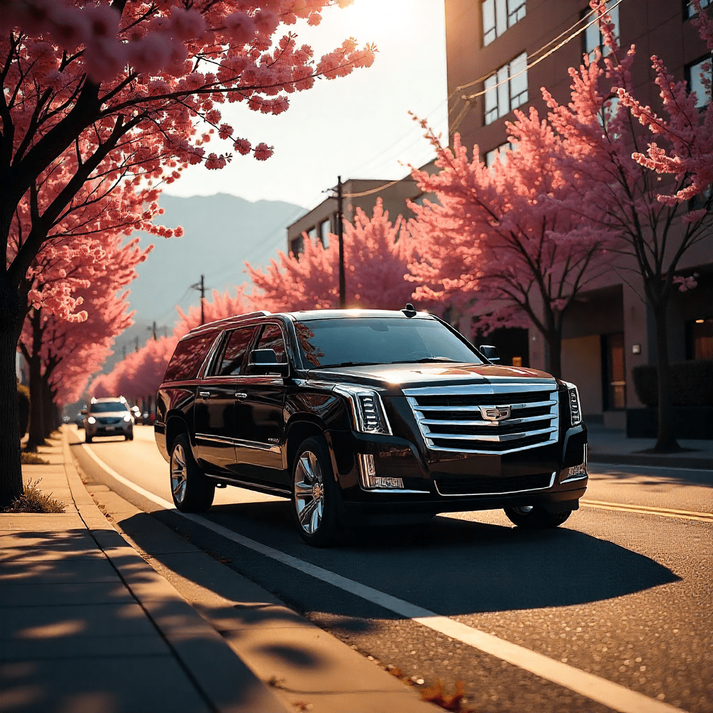 Black luxury limousine driving under blooming cherry blossom trees in Vancouver during spring, with clear skies and mountain backdrop