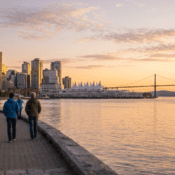 Vancouver skyline and waterfront near Stanley Park at sunset