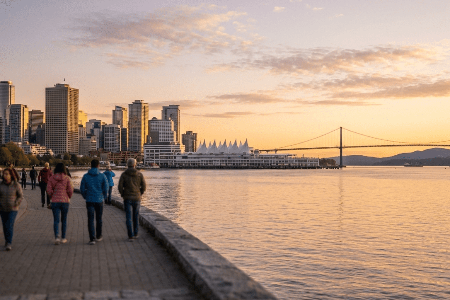 Vancouver skyline and waterfront near Stanley Park at sunset