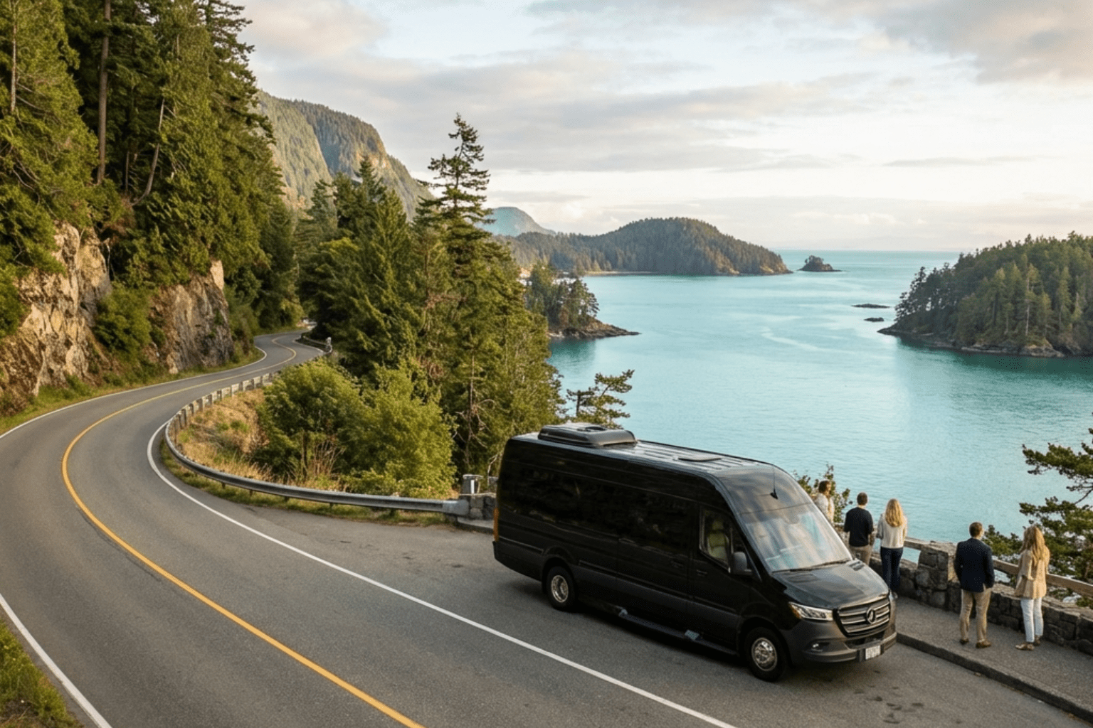 Group luxury travel to Vancouver Island beaches with executive passenger van