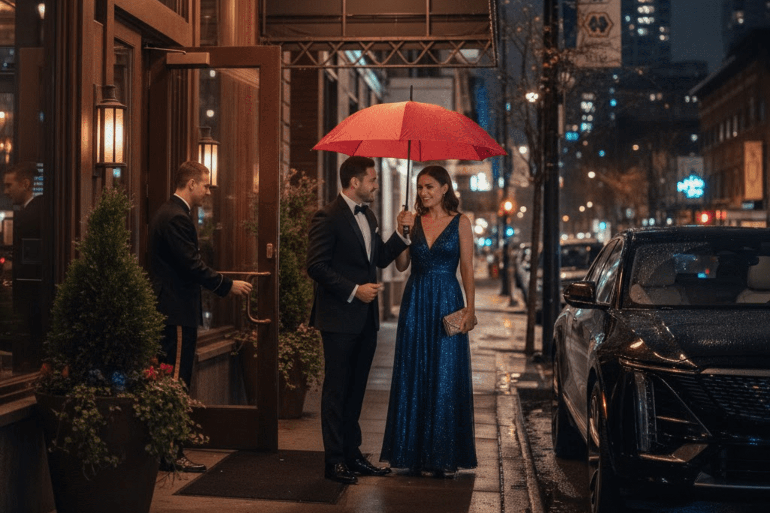 Couple arriving at romantic restaurant in Vancouver with luxury car service