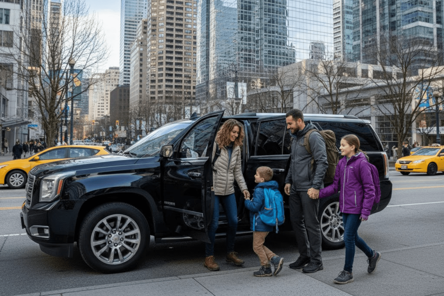 Family sightseeing in downtown Vancouver using a luxury SUV