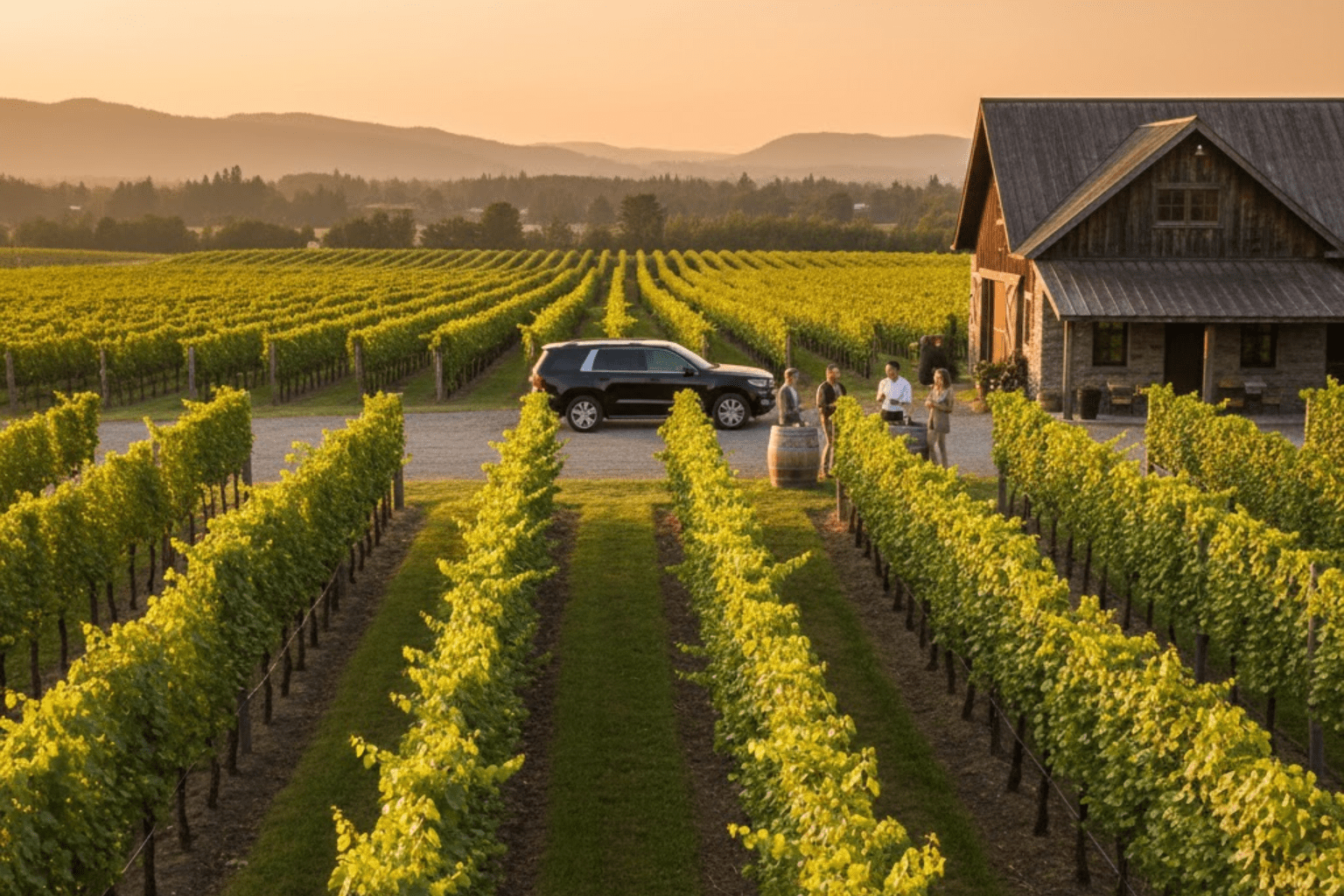 Guests enjoying wine tasting tour in Fraser Valley with luxury SUV transportation