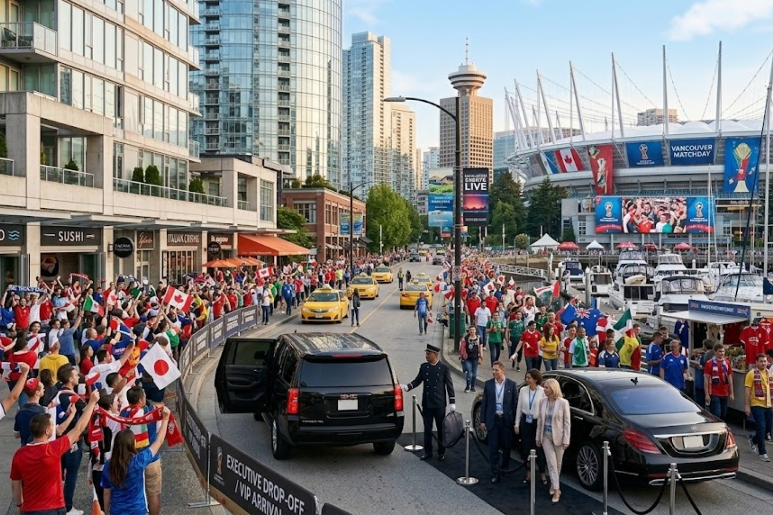 Fans arriving at Vancouver stadium for the FIFA World Cup with private car service