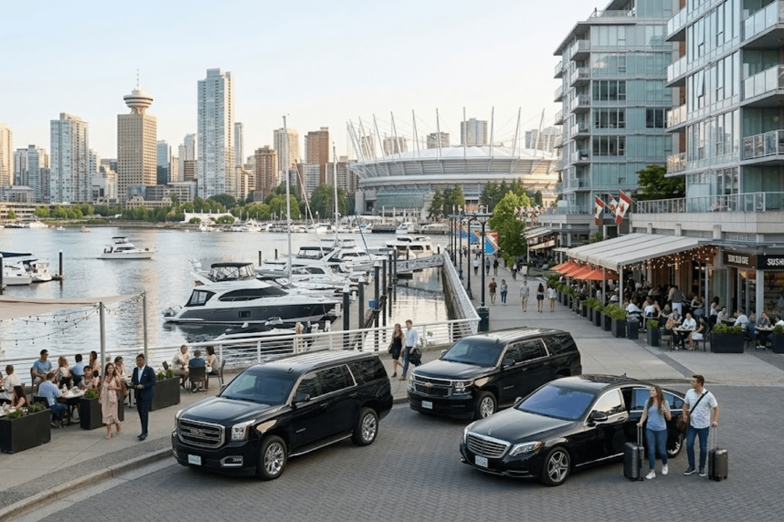 Luxury SUV arriving in Vancouver’s Yaletown neighborhood near the stadium