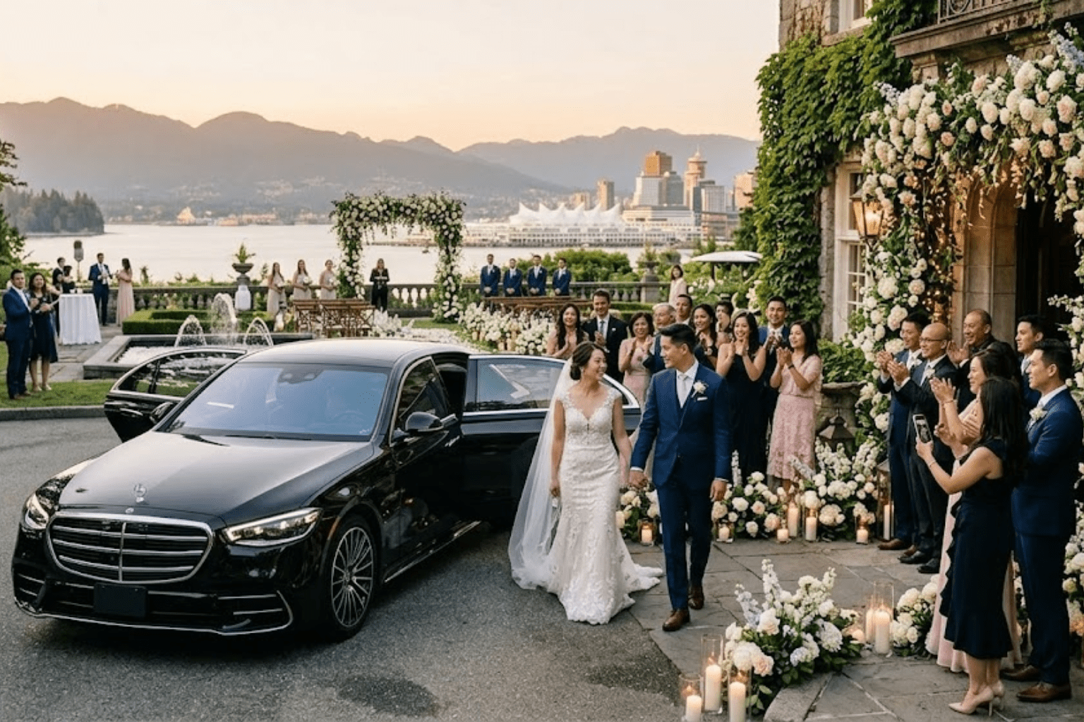 luxury wedding car arrival at Vancouver wedding venue