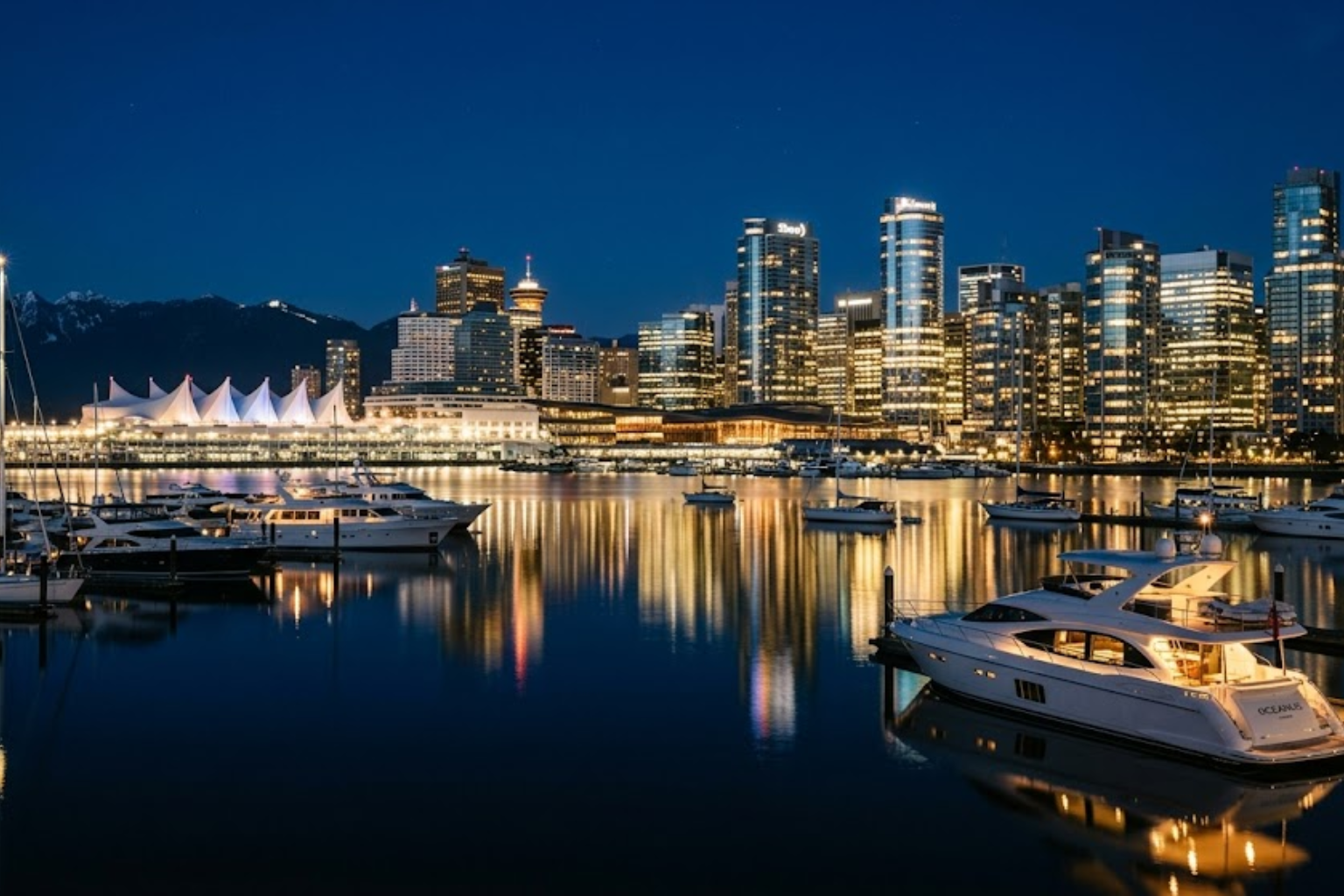 Vancouver waterfront yacht nightlife view